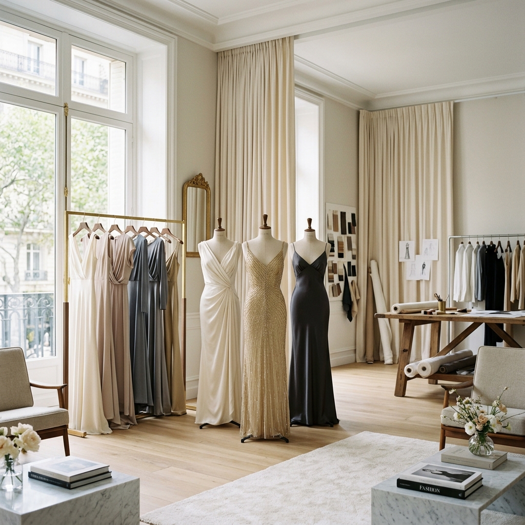 Designer dresses and evening gowns displayed in a high-end fashion showroom atelier